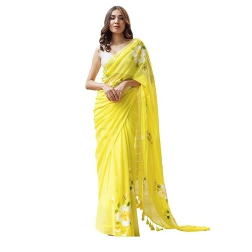 Women's Linen Cotton saree with digital floral print and latkan work