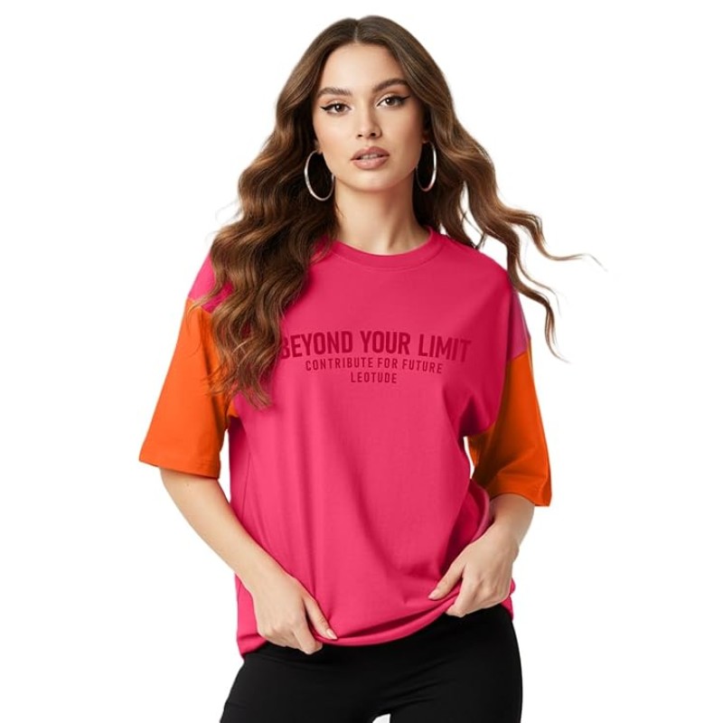 LEOTUDE Half Sleeve Cottonblend Oversized Tshirt for Women