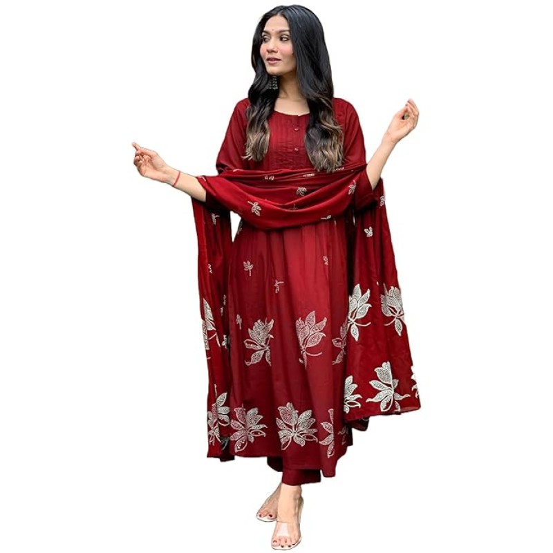 GoSriKi Women's Rayon Viscose Anarkali Printed Kurta with Pant & Dupatta