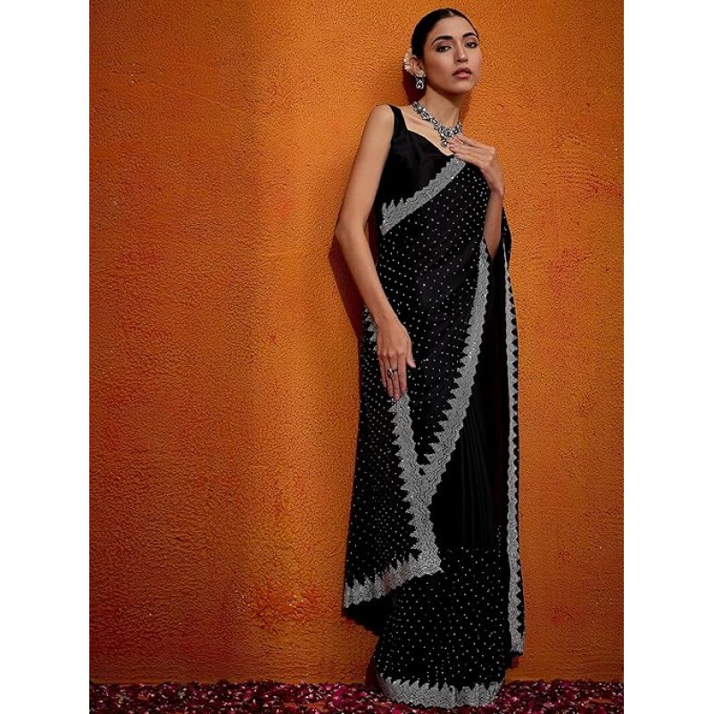 AKHILAM Women's Satin Silk Hot Fix Solid Saree With Unstitched Blouse Piece