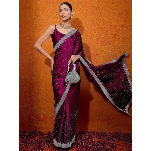 AKHILAM Women's Satin Silk Hot Fix Solid Saree With Unstitched Blouse Piece